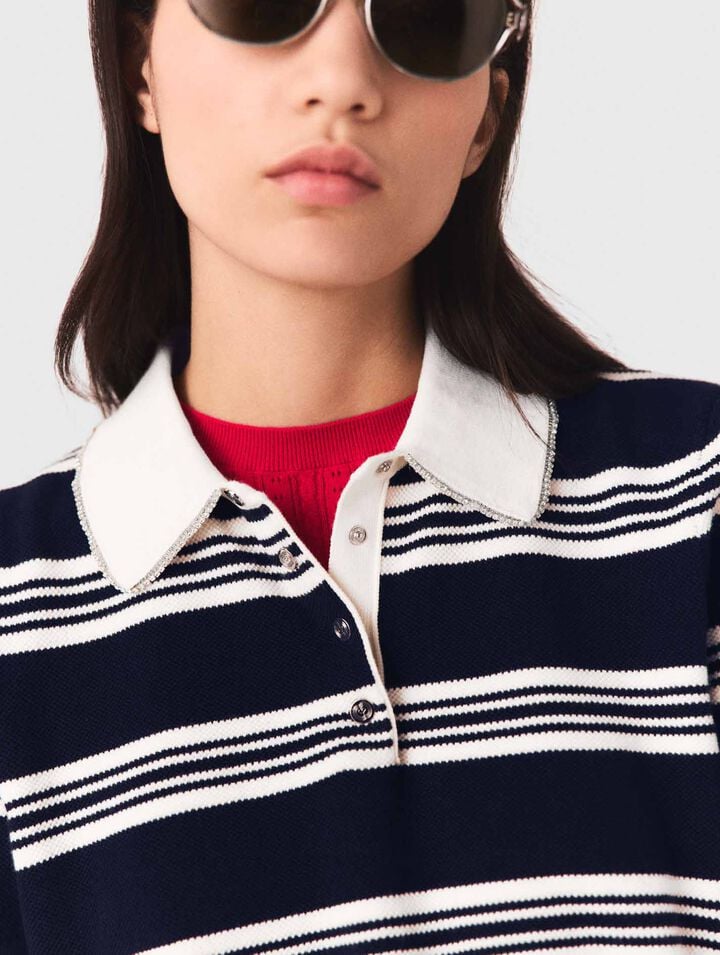 Striped polo with rhinestone collar