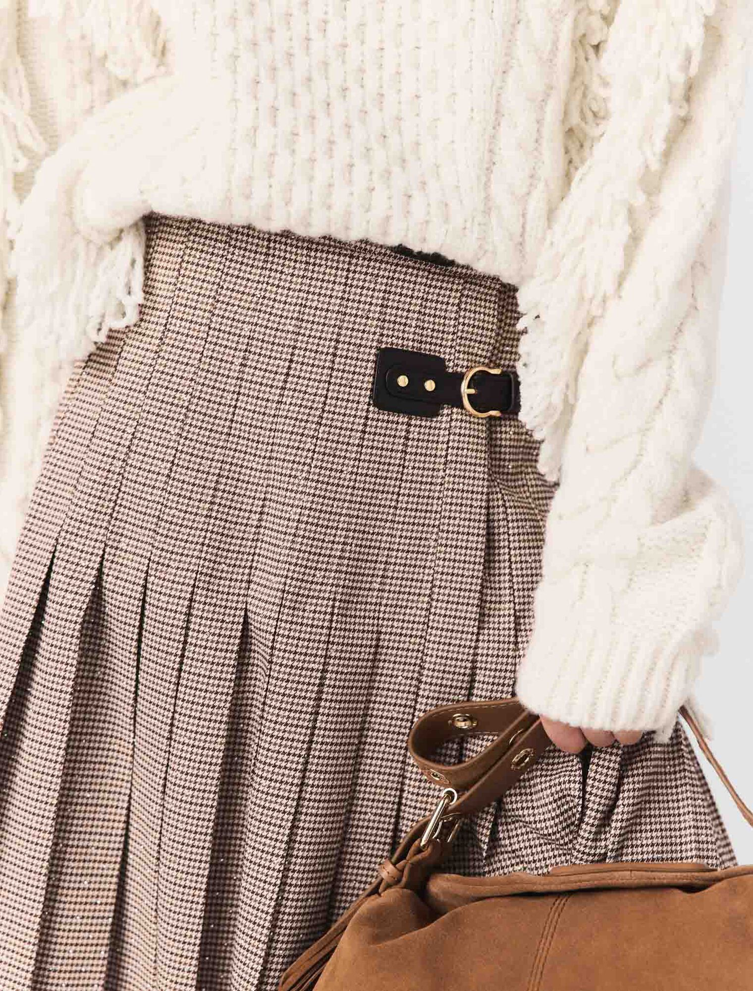 Pleated checked midi skirt