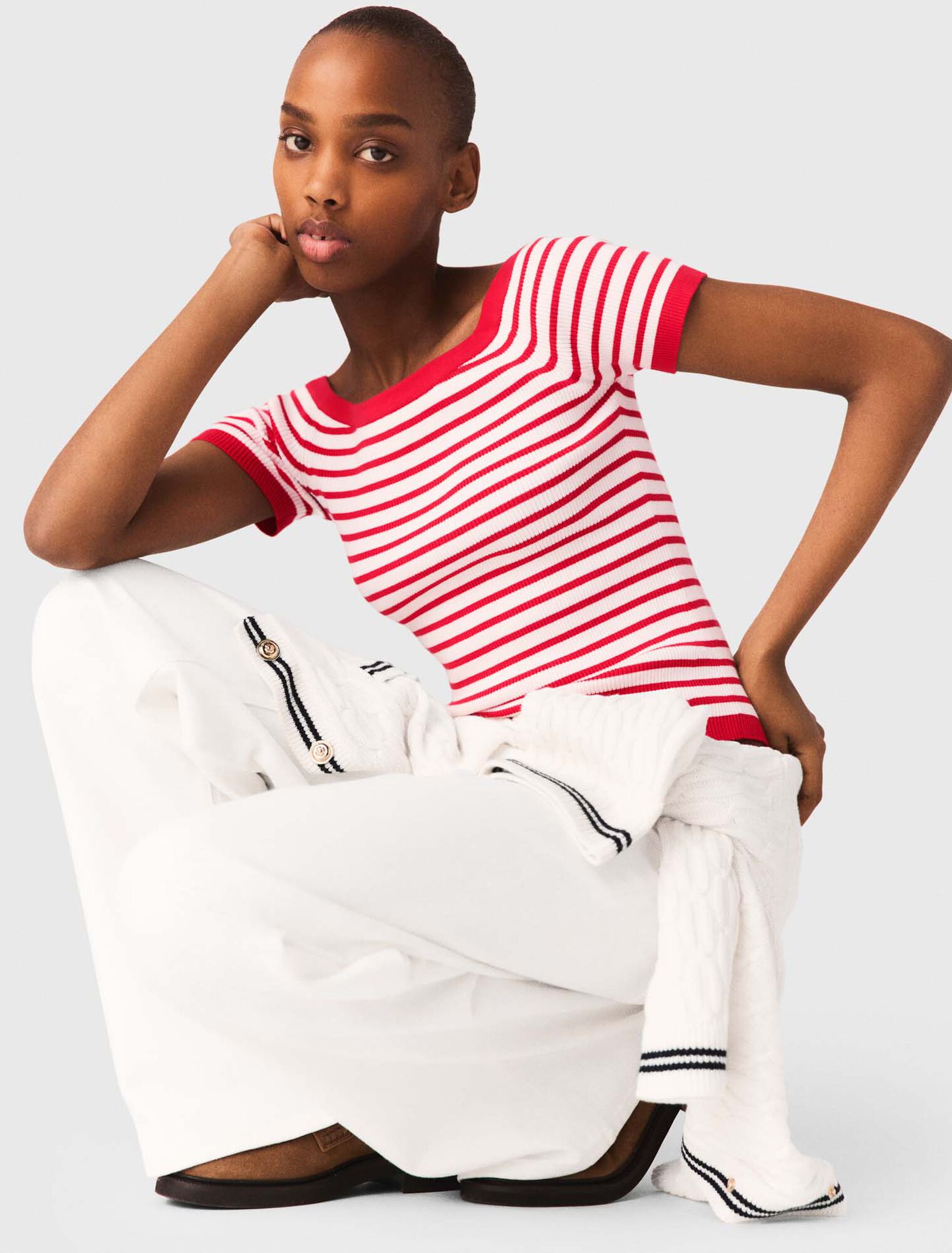 Striped knit top with boat neck