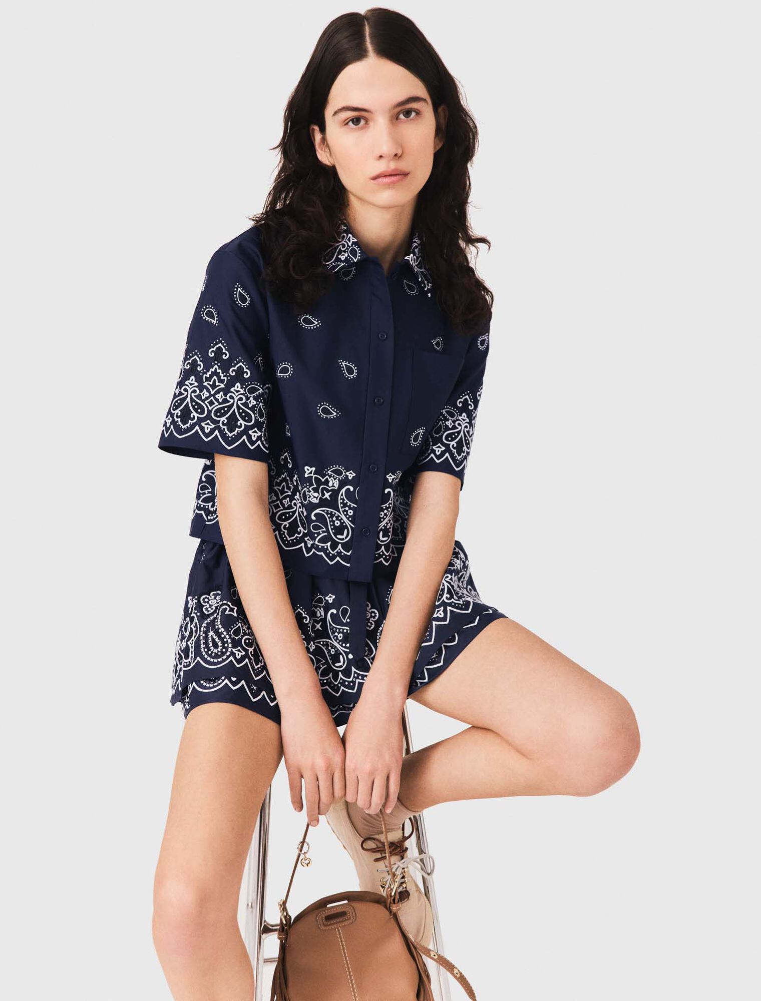 Cropped embroidered taffeta shirt