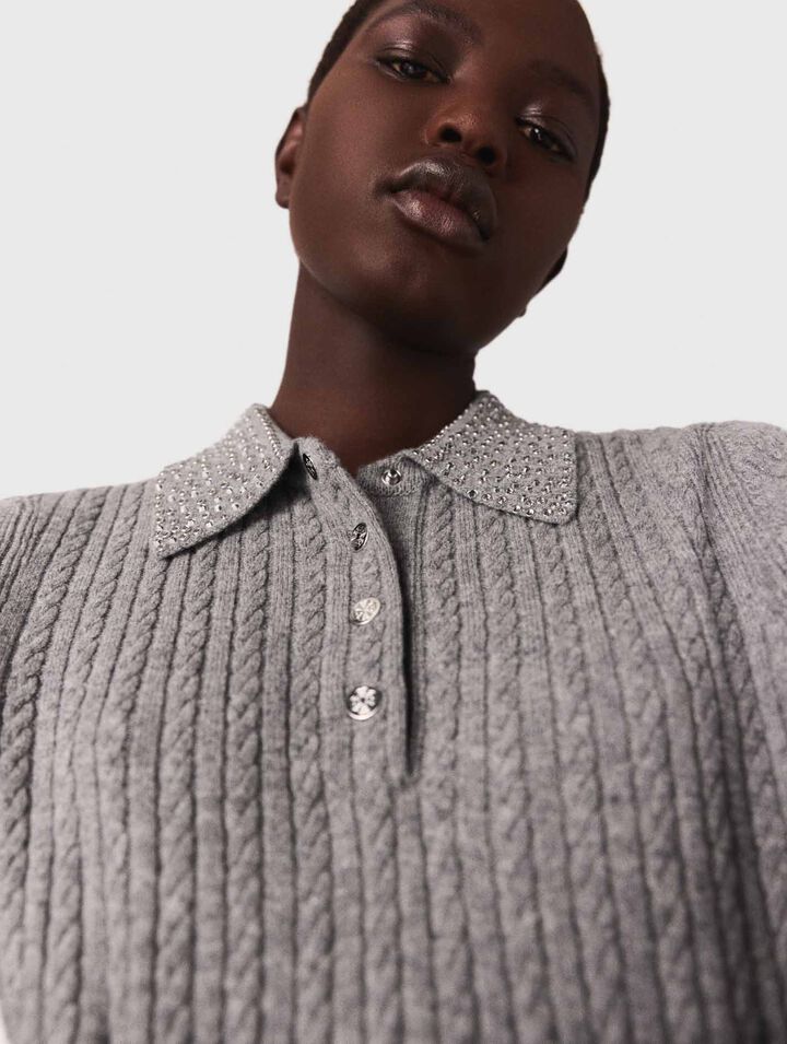 Wool polo shirt with rhinestone collar