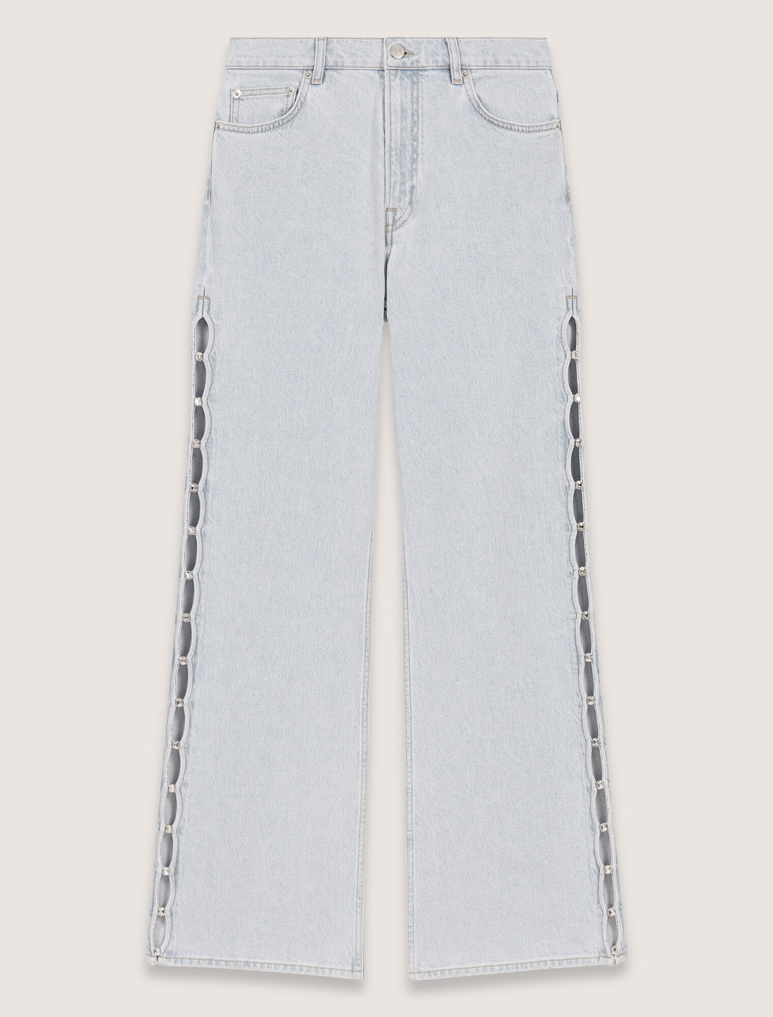 Wide-leg rhinestone cutaway jeans