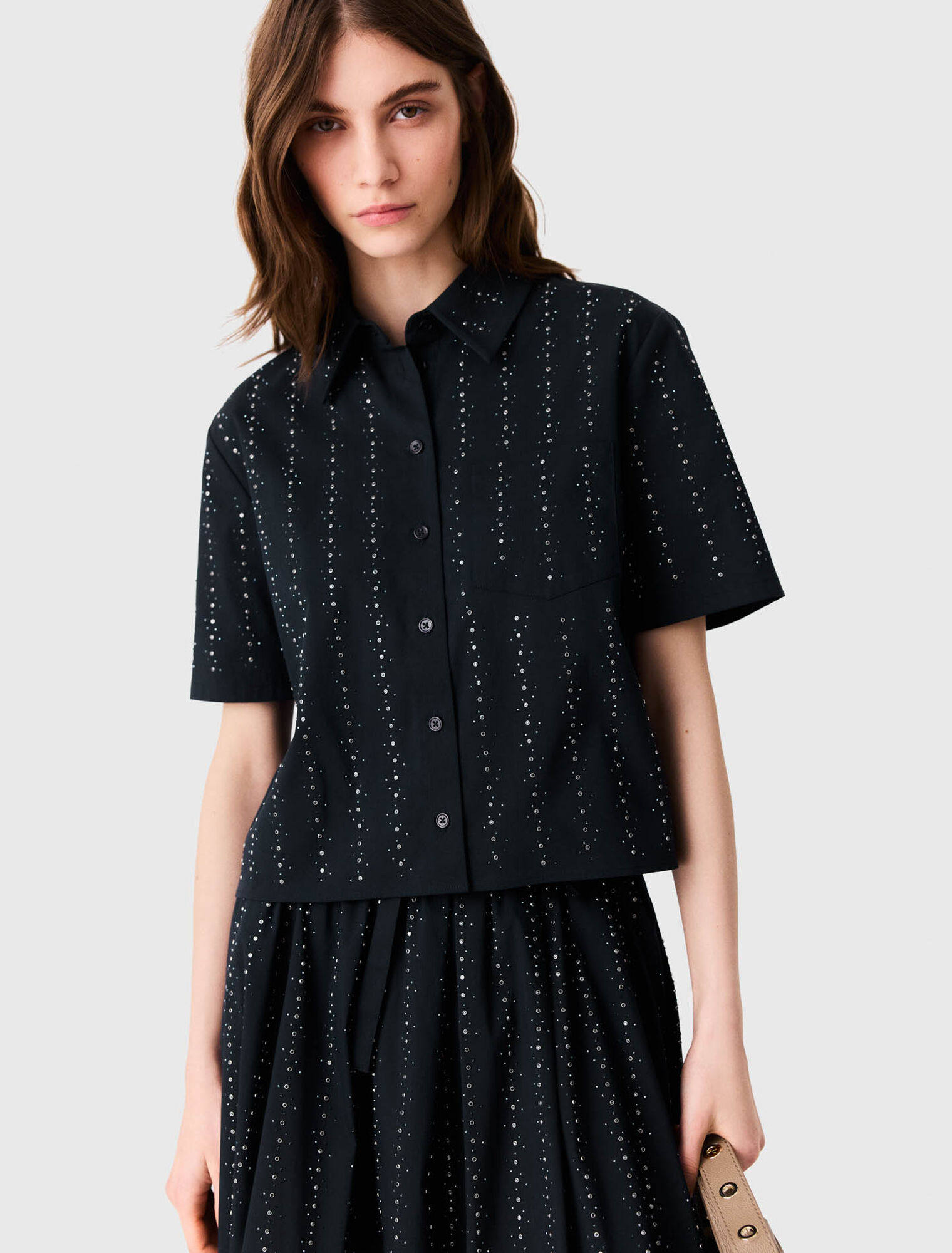 Cropped rhinestone cotton shirt