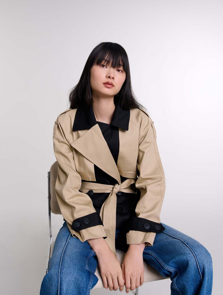 Short two-tone trench coat