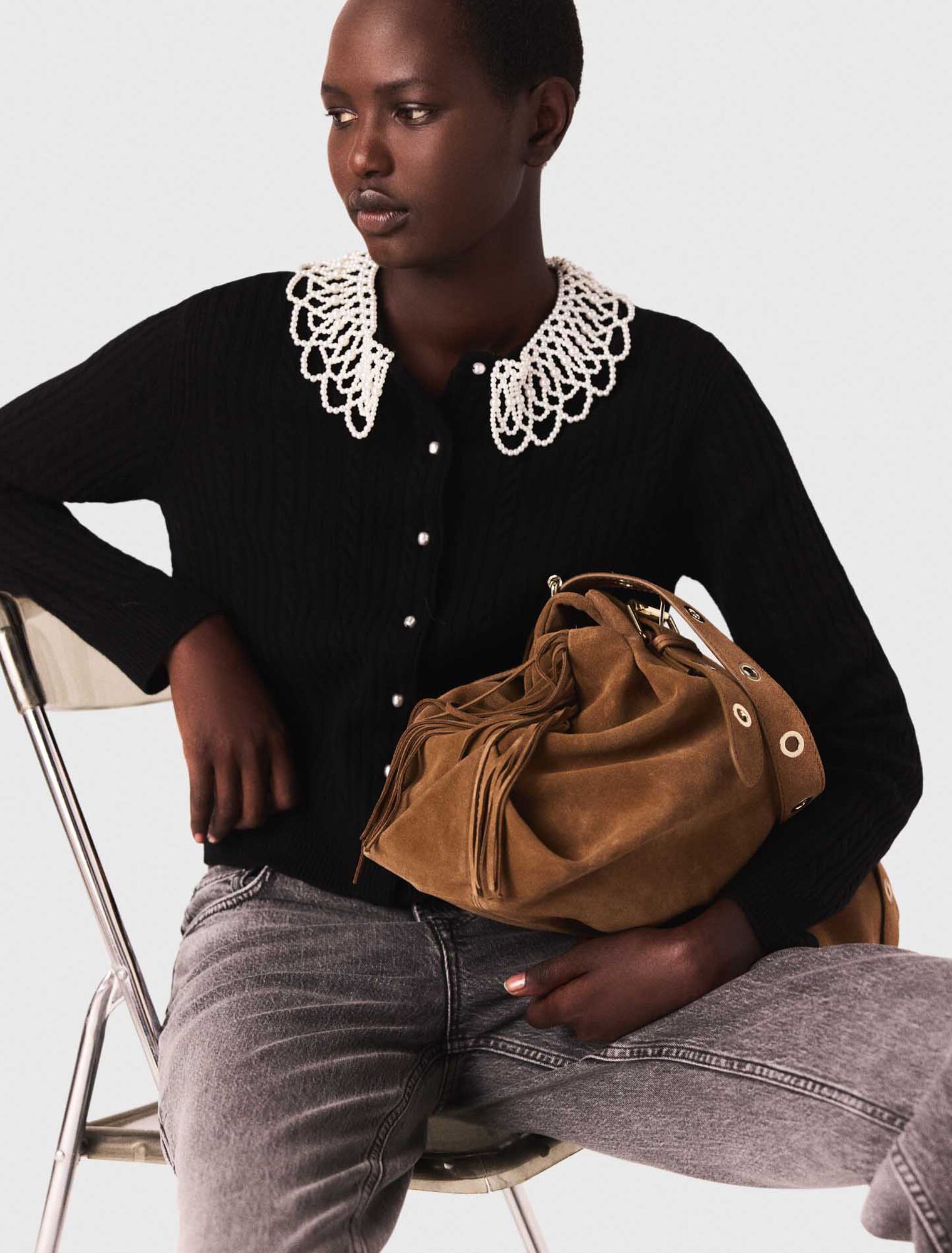 Cardigan with removable beaded collar