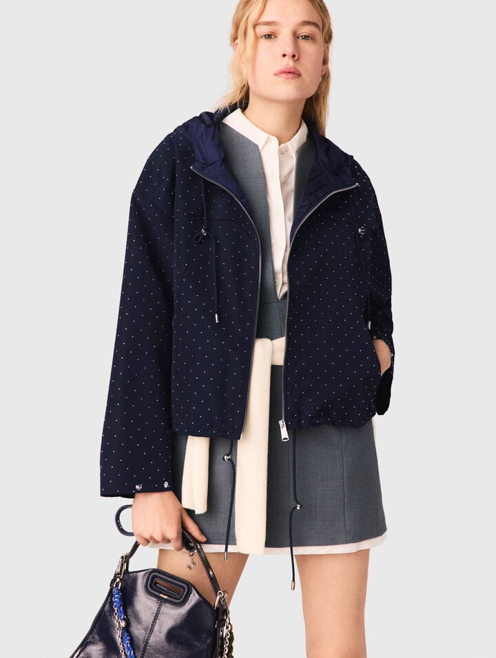Hooded windbreaker with rhinestones