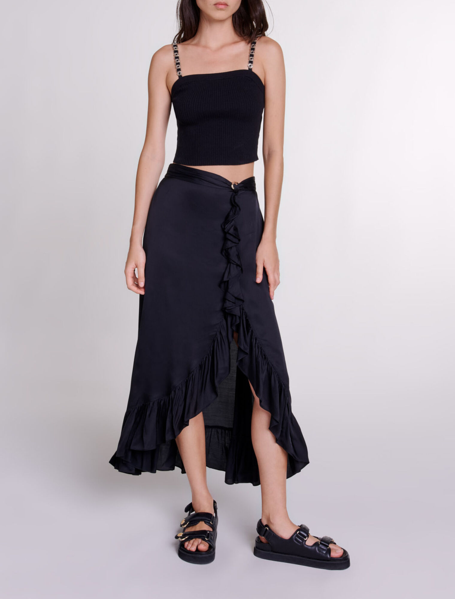 Long satin-effect ruffled skirt