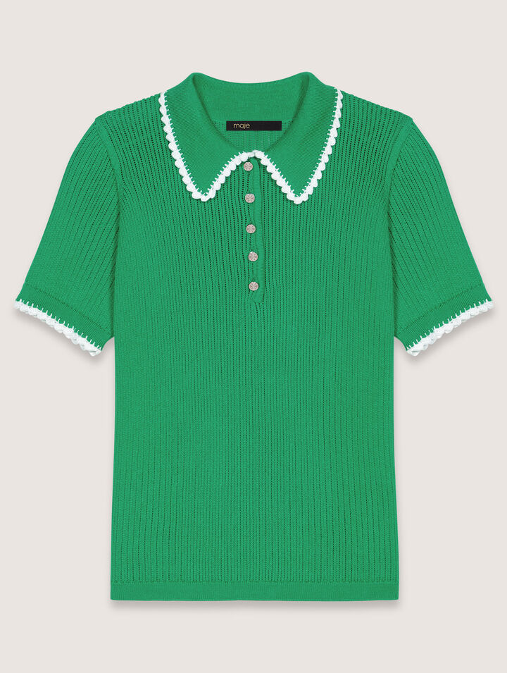 Pointelle knit crochet polo shirt