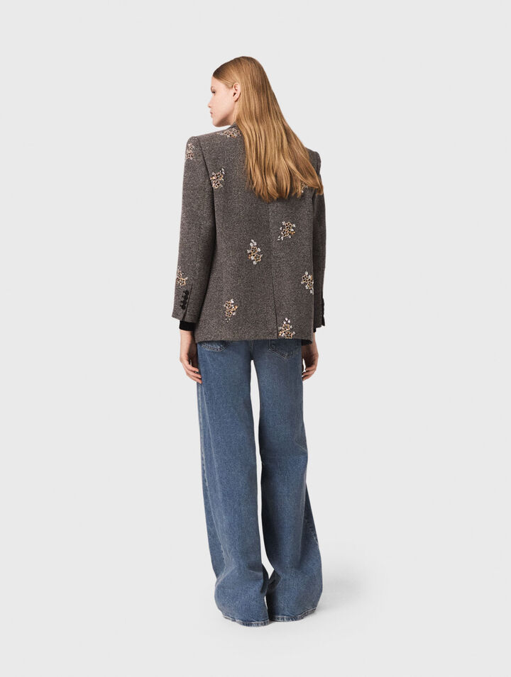 Flower-embroidered wool jacket