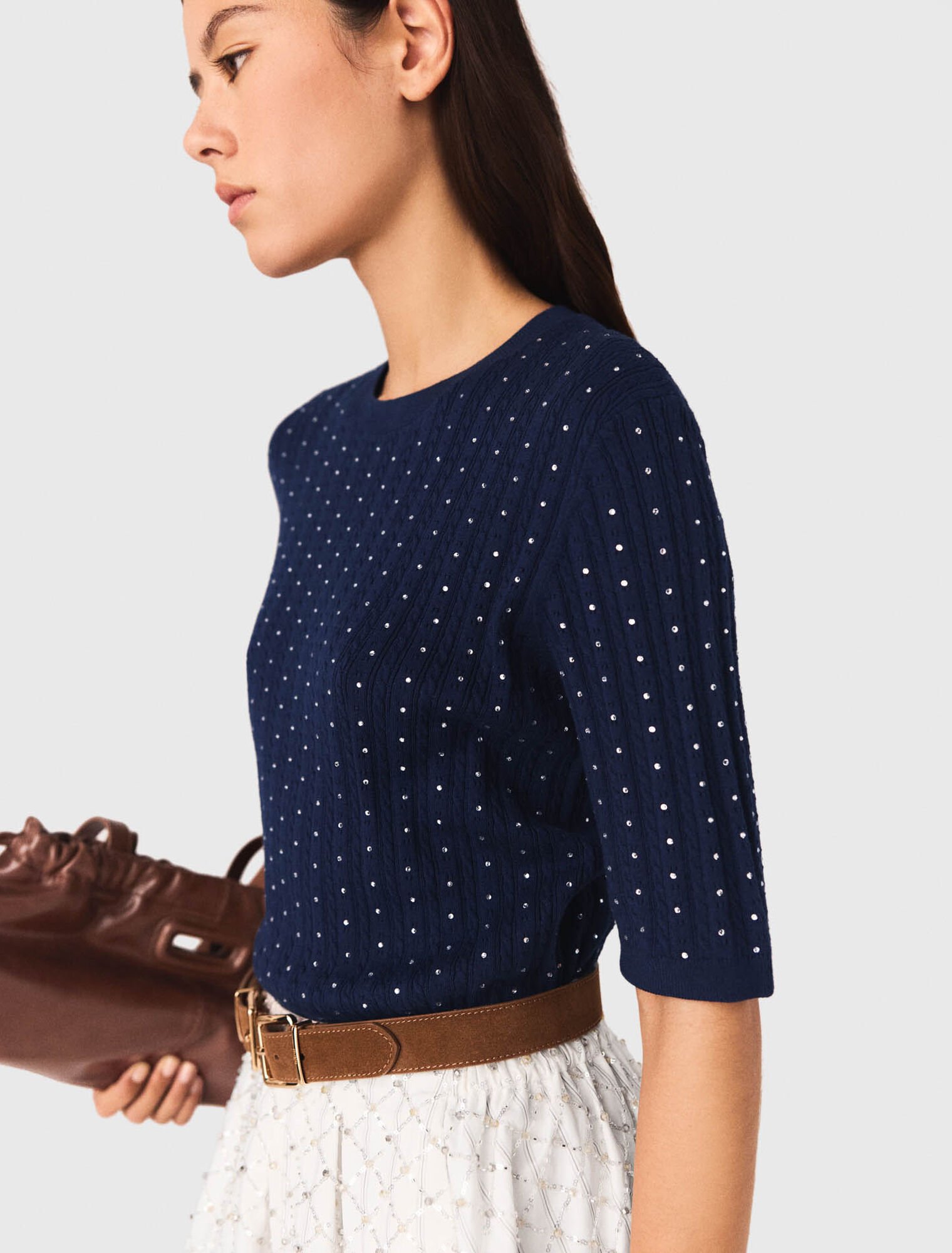 Round-neck rhinestone jumper